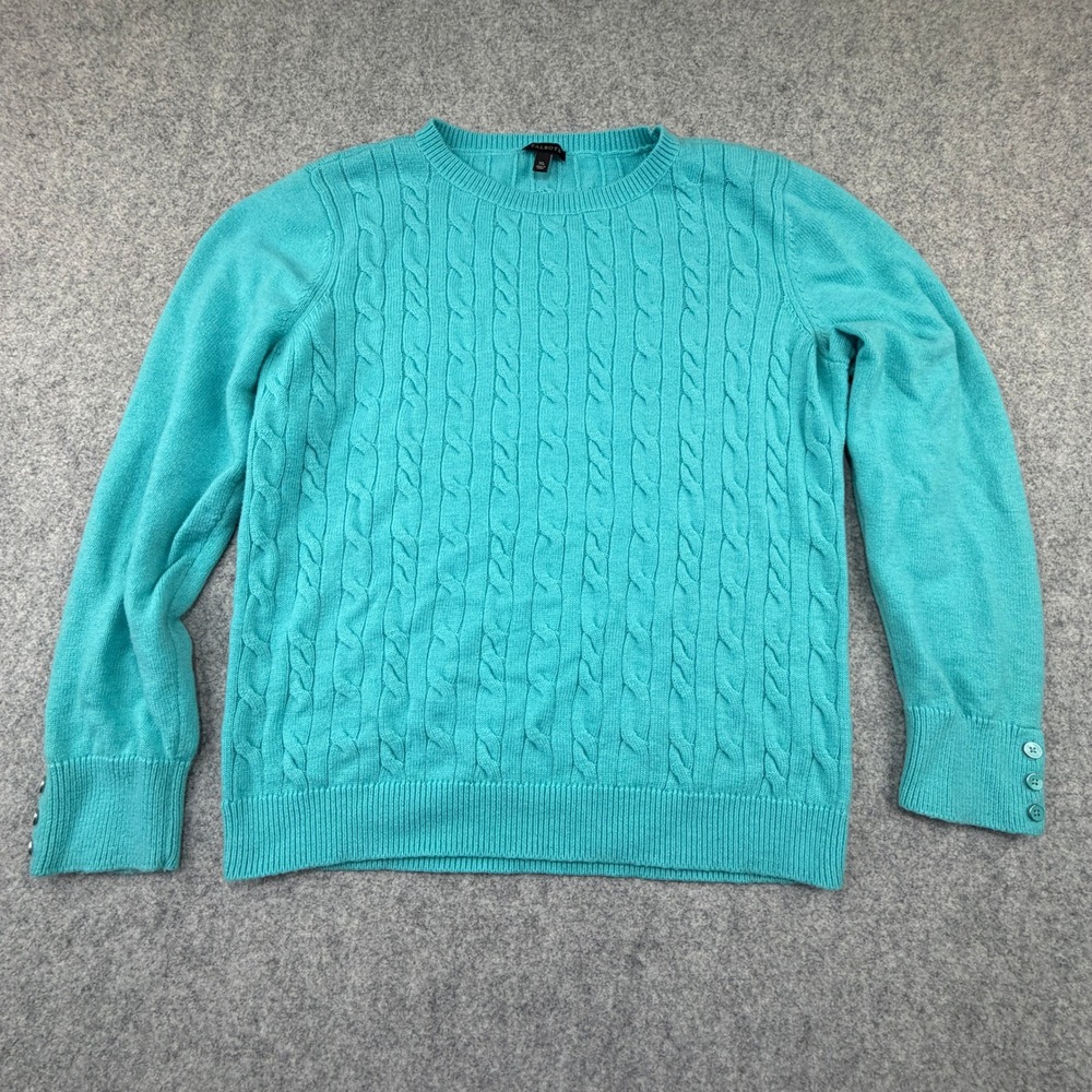 Talbots Turquoise Blue Cable Knit Lambswool Blend Sweater XL Crew Neck